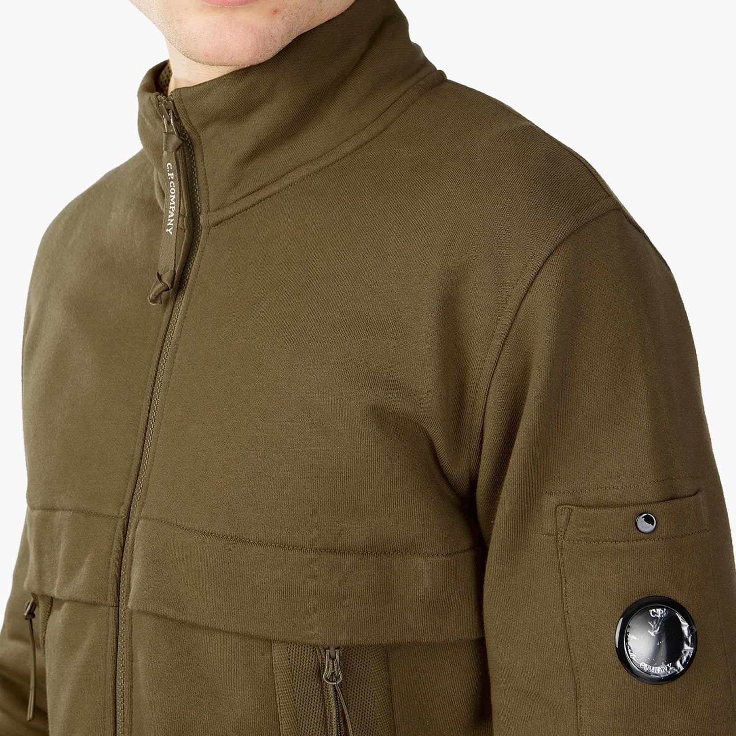 Cp Company Diagonal Raised Fleece Full Zip Lens Sweatshirt in Butternut Brown
