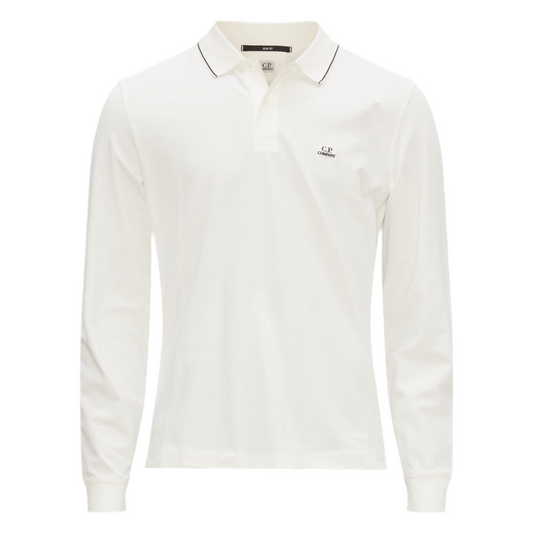 Cp Company 070A Slim Fit Long Sleeve Stretch Piquet Polo Shirt in White