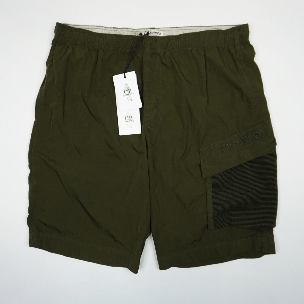 Cp Company Chrome Flatt Nylon Embroided Mesh Pocket Swimshorts In Burnt Olive