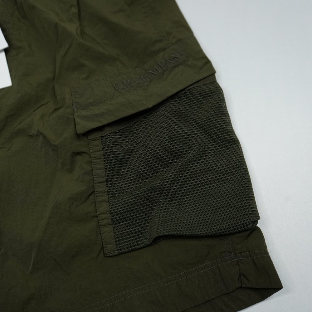 Cp Company Chrome Flatt Nylon Embroided Mesh Pocket Swimshorts In Burnt Olive