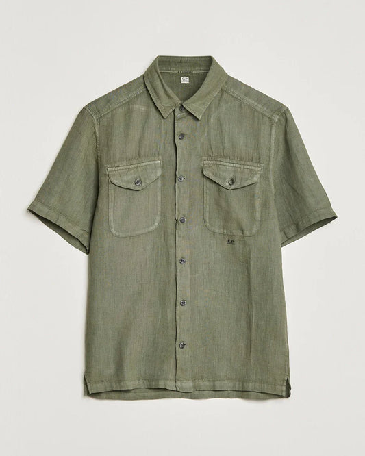 Cp Company Short Sleeve Logo Linen Shirt in Bronze Green
