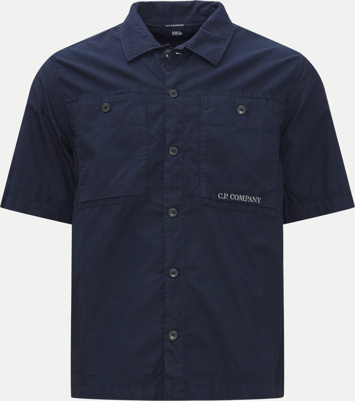 Cp Company Rip-Stop Embroidered Logo Short Sleeve Shirt in Navy