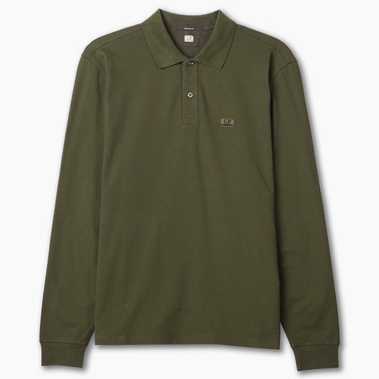 Cp Company 100A Stretch Piquet Long Sleeve Polo Shirt in Ivy Green